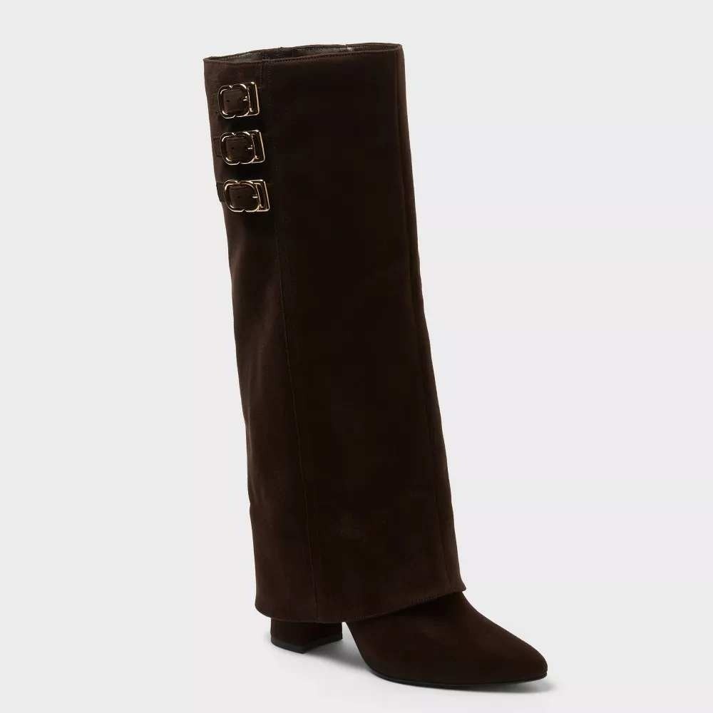 A New Day Tambra Tall Boots Womens 7 Chocolate Brown Fold Over Block Heel Buckle